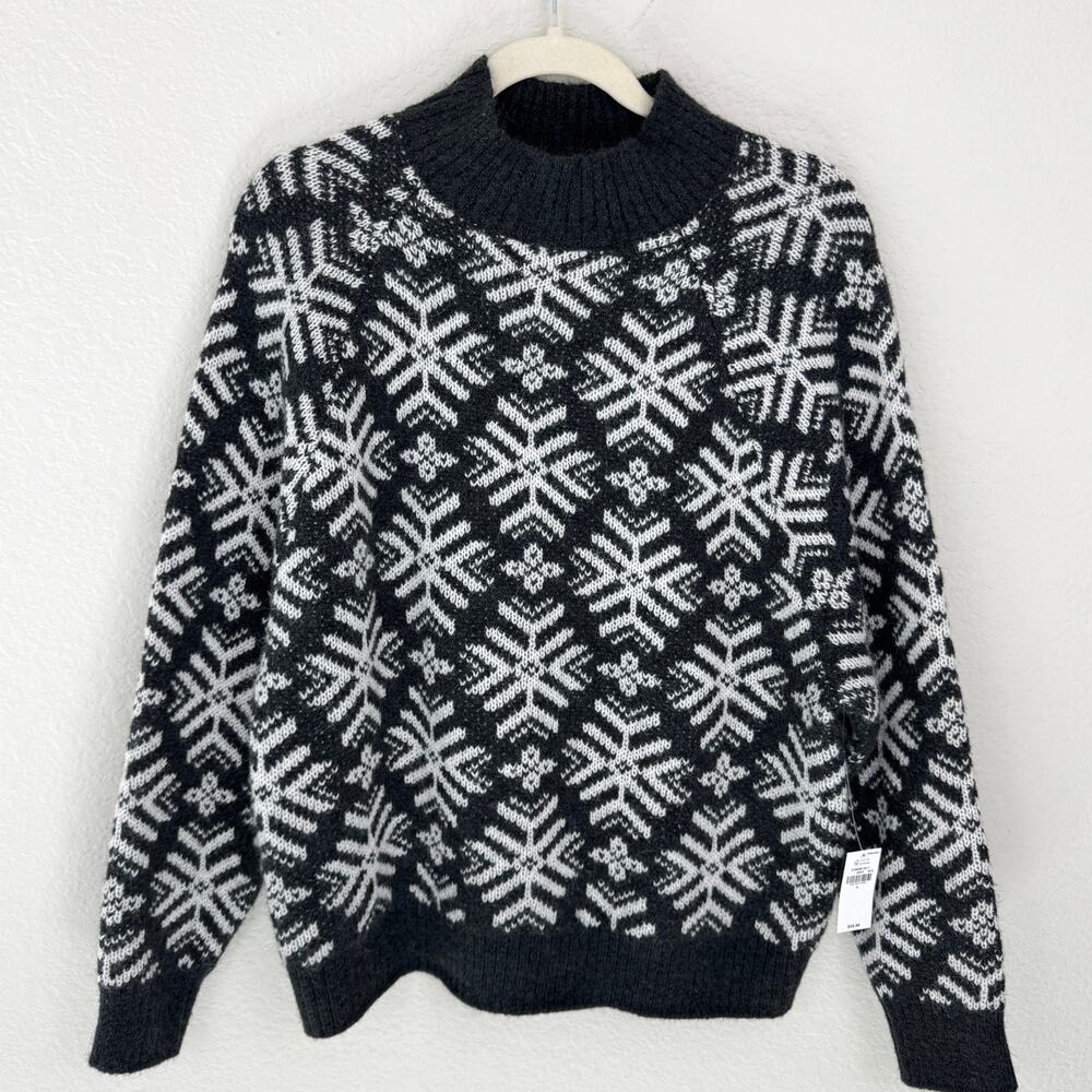Old Navy Womens Mock Neck Sweater Size L Wool Blend Snowflake Holiday Gray